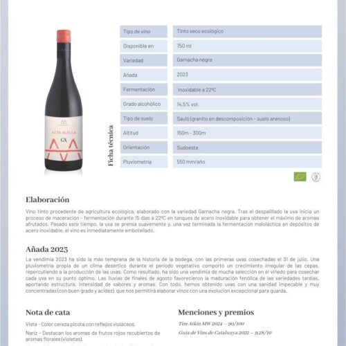 Alternative view of Alta Alella GX TINTO Garnacha 75cl.