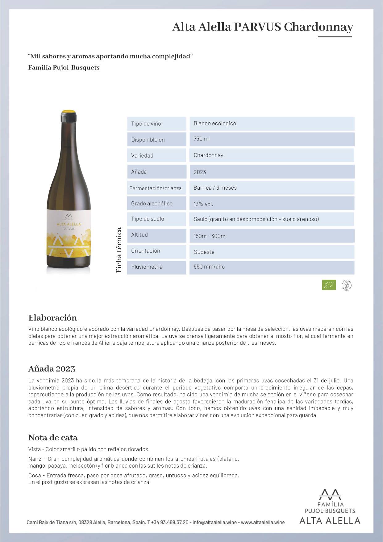 Alta Alella PARVUS Chardonnay 75cl. - Imagen 2