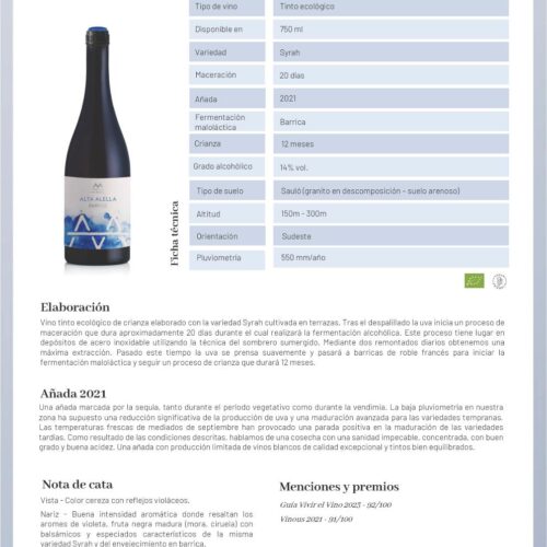 Alternative view of Alta Alella PARVUS Syrah TINTO 75cl.