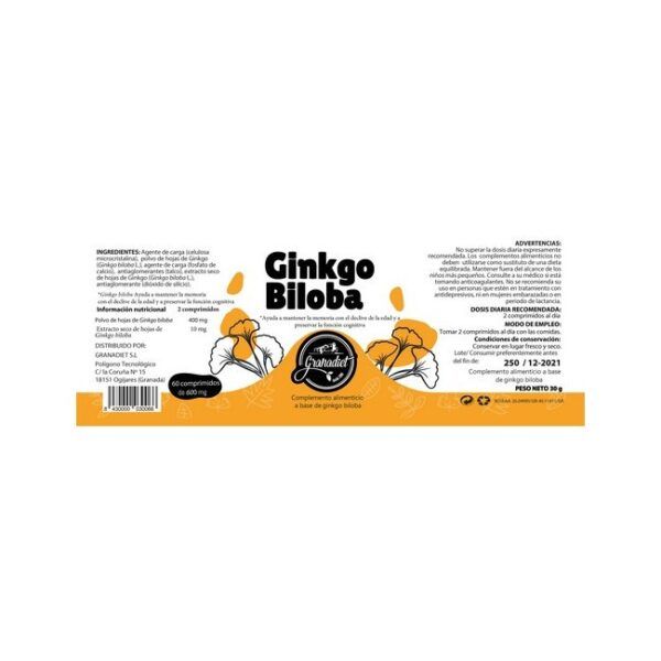 Alternative view of GINKGO BILOBA 60 COMPRIMIDOS DE 500mg.