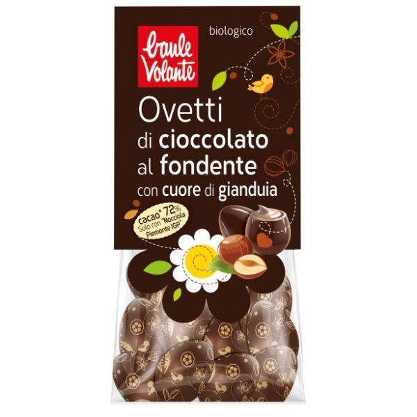 HUEVOS MINI BIO DE CHOCOLATE NEGRO CON CORAZÓN DE AVELLANA GIANDUIA - BAULE VOLANTE (100gr.)