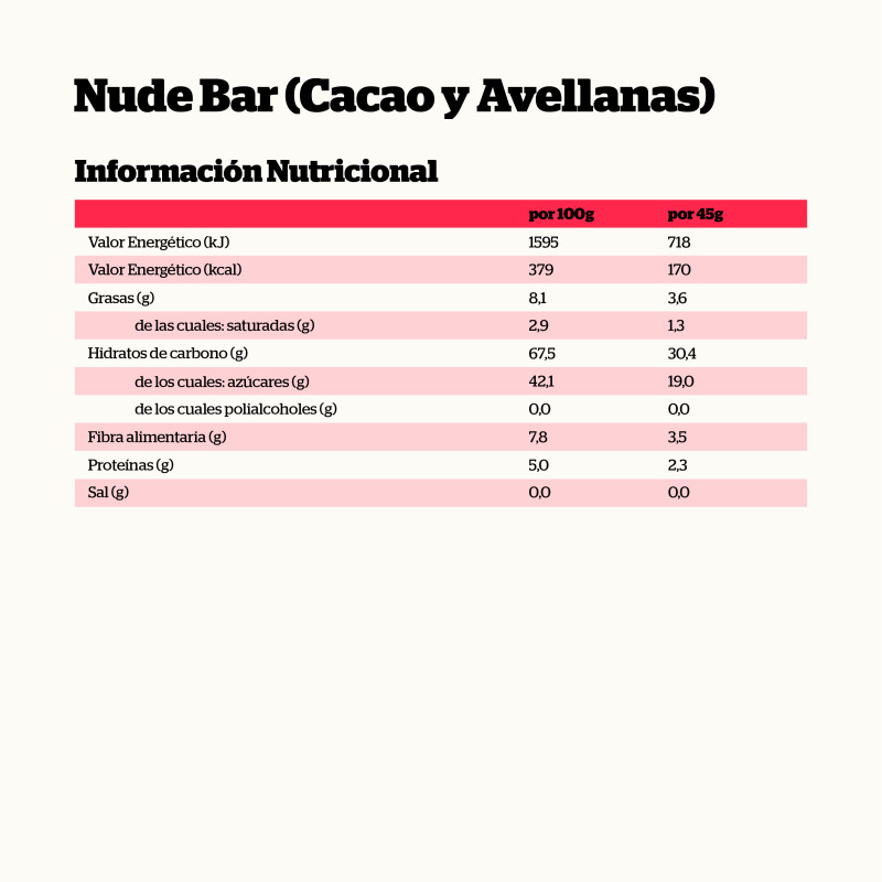 NUDE CACAO Y AVELLANAS 45 GR. - Imagen 2