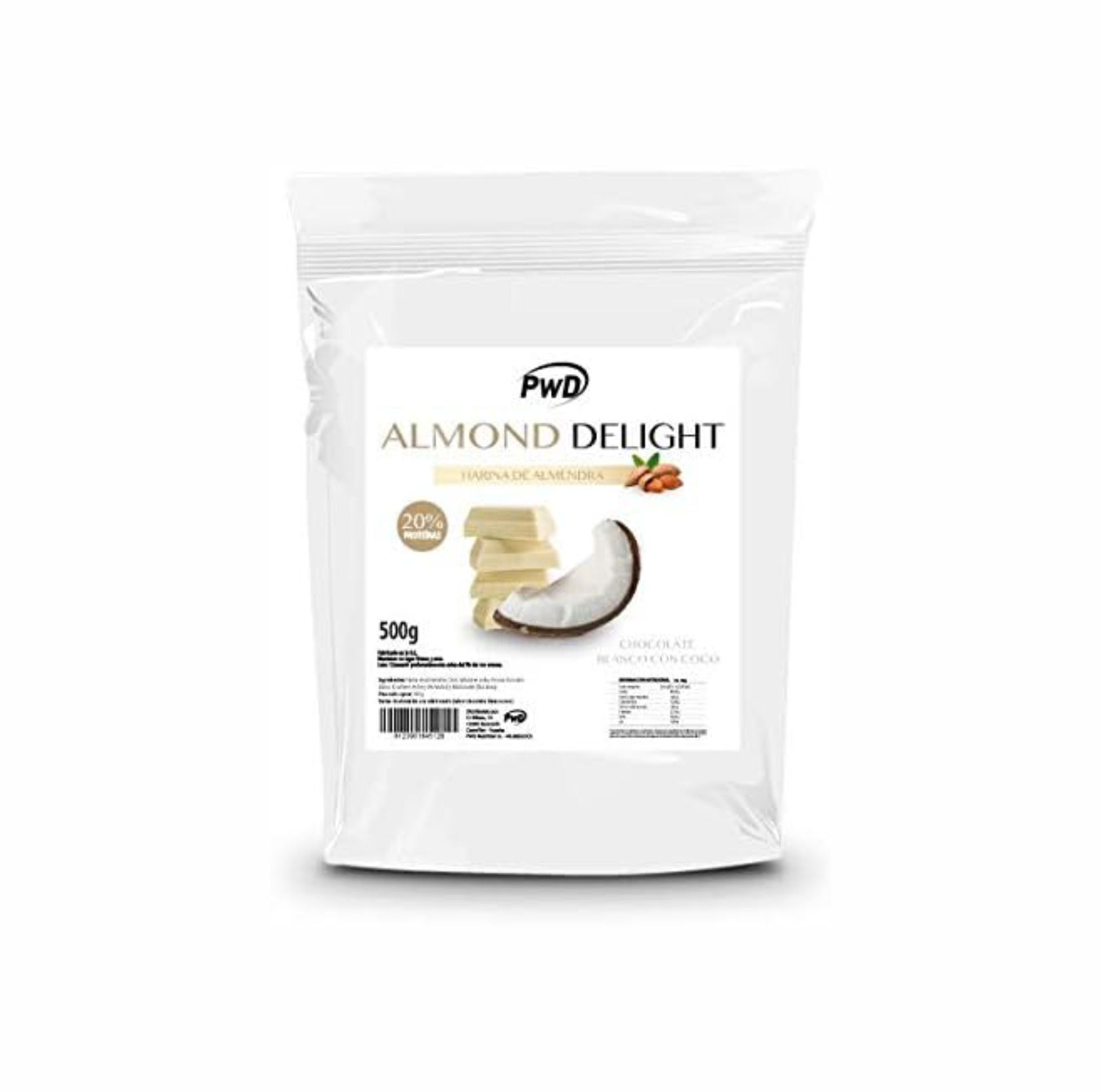 HARINA DE ALMENDRAS CON 20% DE PROTEÍNA SABOR CHOCO BLANCO Y COCO 500gr.