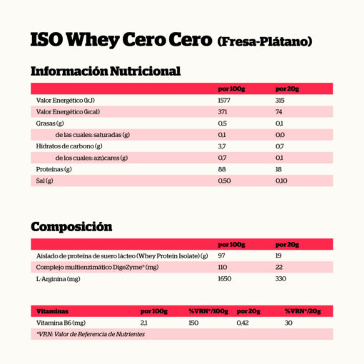 Alternative view of PROTEÍNA ISO WHEY CERO-CERO FRESA Y PLÁTANO 900gr.