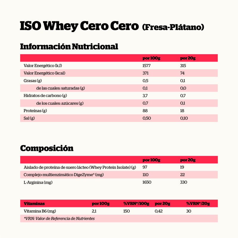 PROTEÍNA ISO WHEY CERO-CERO FRESA Y PLÁTANO 900gr. - Imagen 2