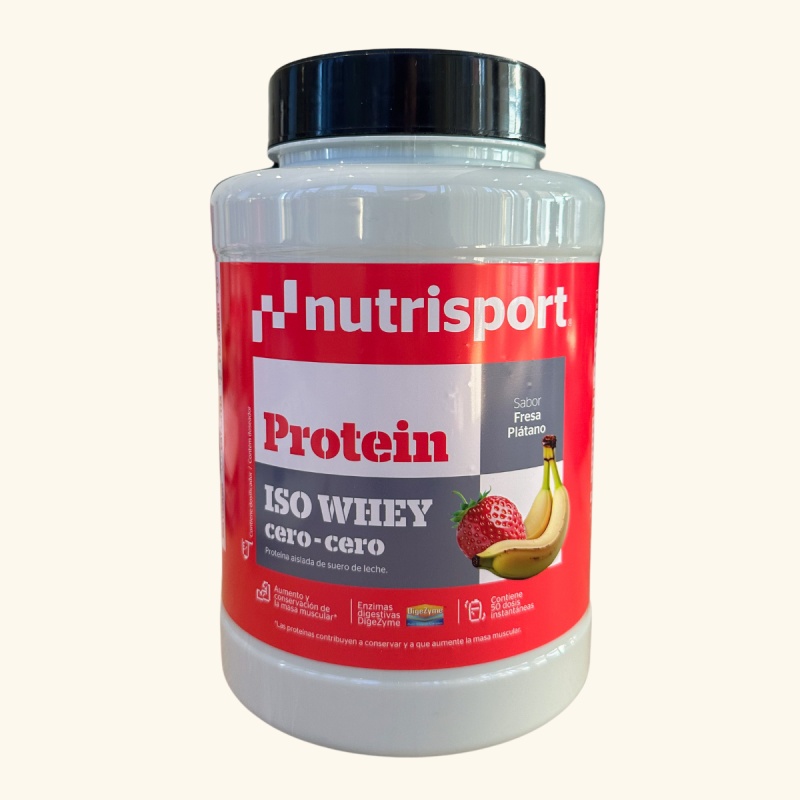 PROTEÍNA ISO WHEY CERO-CERO FRESA Y PLÁTANO 900gr.