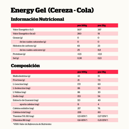 ENERGY GEL CON CEFEÍNA CEREZA Y COLA 35GR. - Imagen 2