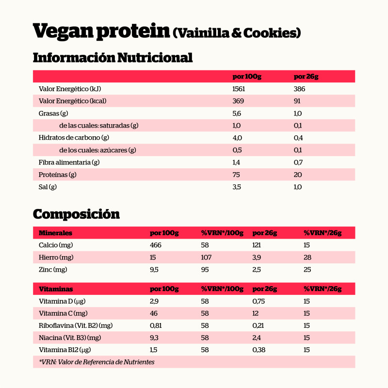 VEGAN PROTEIN PROTEÍNA VEGETAL DE GUISANTE Y ARROZ SABOR VAINILLA Y COOKIES 468gr. - Imagen 2