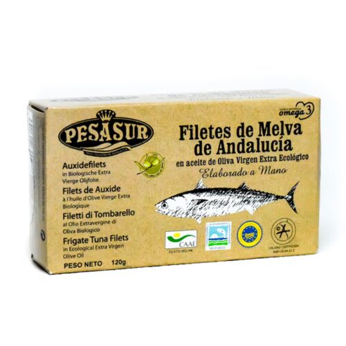 FILETES DE MELVA DE ANDALUCÍA EN ACEITE DE OLIVA VIRGEN EXTRA ECOLÓGICO - 120gr.