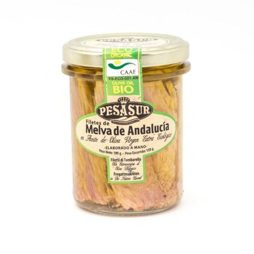 FILETES DE MELVA DE ANDALUCÍA EN ACEITE DE OLIVA VIRGEN EXTRA ECOLÓGICO - 195gr.